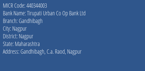 Tirupati Urban Co Op Bank Ltd Gandhibagh MICR Code