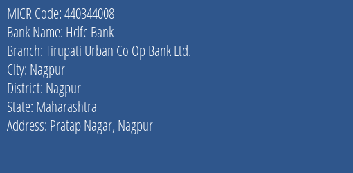 Tirupati Urban Co Op Bank Ltd Pratap Nagar MICR Code
