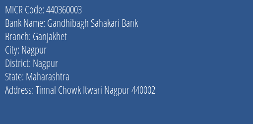 Yes Bank Gandhibagh Sahakari Bank Ganjakhet Branch Address Details and MICR Code 440360003