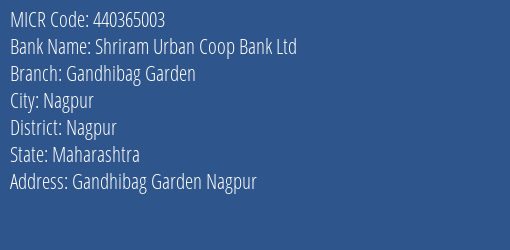 Shriram Urban Coop Bank Ltd Gandhibag Garden MICR Code