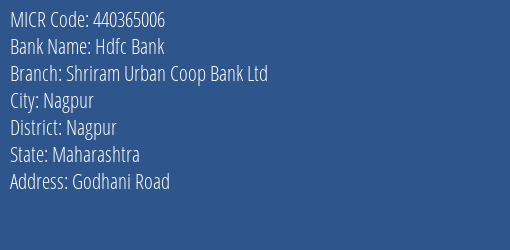 Hdfc Bank Shriram Urban Coop Bank Ltd Branch Address Details and MICR Code 440365006