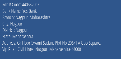 Yes Bank Nagpur Maharashtra Branch Address Details and MICR Code 440532002