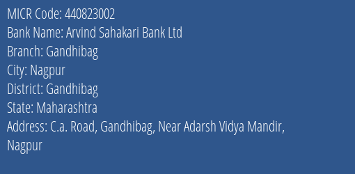 Arvind Sahakari Bank Ltd Gandhibag MICR Code