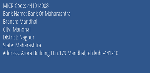 Bank Of Maharashtra Mandhal MICR Code
