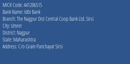 Idbi Bank The Nagpur Dist Central Coop Bank Ltd. Sirsi Branch Address Details and MICR Code 441206515