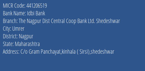Idbi Bank The Nagpur Dist Central Coop Bank Ltd. Shedeshwar Branch Address Details and MICR Code 441206519