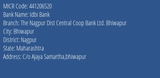 Idbi Bank The Nagpur Dist Central Coop Bank Ltd. Bhiwapur Branch Address Details and MICR Code 441206520