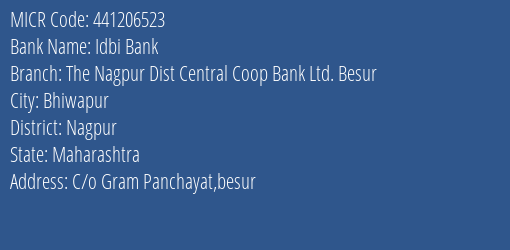 Idbi Bank The Nagpur Dist Central Coop Bank Ltd. Besur Branch Address Details and MICR Code 441206523