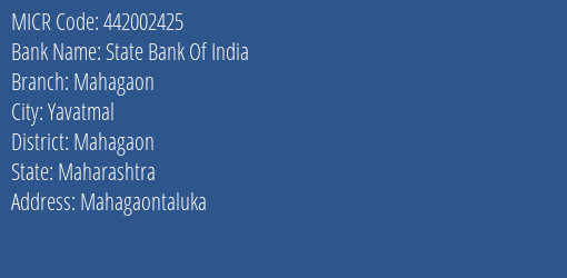 State Bank Of India Mahagaon Branch Address Details and MICR Code 442002425