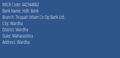 Tirupati Urban Co Op Bank Ltd Wardha MICR Code