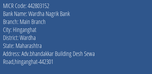Wardha Nagrik Bank Main Branch MICR Code