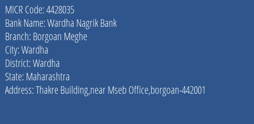 Wardha Nagrik Bank Borgoan Meghe MICR Code