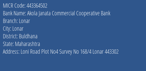 Akola Janata Commercial Cooperative Bank Lonar MICR Code