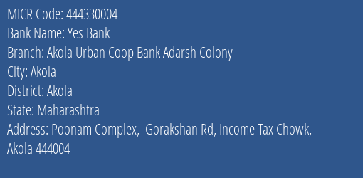 Akola Urban Coop Bank Adarsh Colony MICR Code