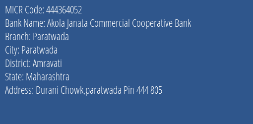 Akola Janata Commercial Cooperative Bank Paratwada MICR Code