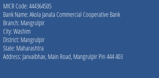 Akola Janata Commercial Cooperative Bank Mangrulpir MICR Code