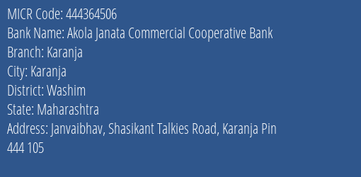 Akola Janata Commercial Cooperative Bank Karanja MICR Code