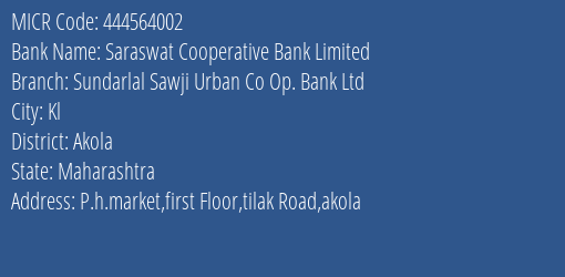 Sundarlal Sawji Urban Co Op Bank Ltd Tilak Road MICR Code