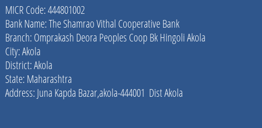 Omprakash Deora Peoples Coop Bank Hingoli Akola MICR Code