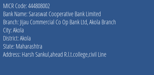 Jijau Commercial Co Op Bank Ltd Akola MICR Code