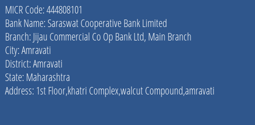 Jijau Commercial Co Op Bank Ltd Main MICR Code