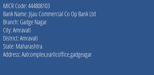Jijau Commercial Co Op Bank Ltd Gadge Nagar MICR Code