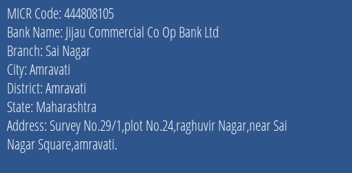 Jijau Commercial Co Op Bank Ltd Sai Nagar MICR Code
