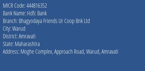 Bhagyodaya Friends Ur Coop Bnk Ltd Approach Road MICR Code