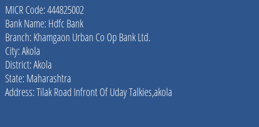 Khamgaon Urban Co Op Bank Ltd Tilak Road MICR Code
