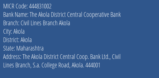 The Akola District Central Cooperative Bank Civil Lines Branch Akola MICR Code