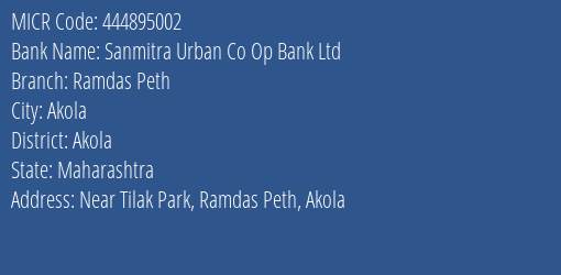 Sanmitra Urban Co Op Bank Ltd Ramdas Peth MICR Code