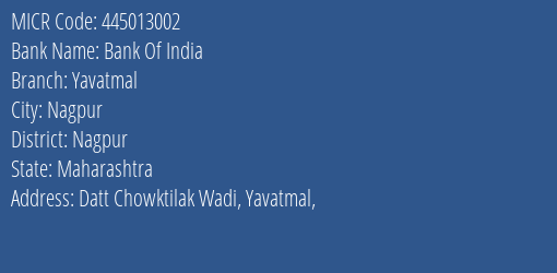 Bank Of India Yavatmal MICR Code