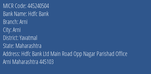 Hdfc Bank Arni MICR Code