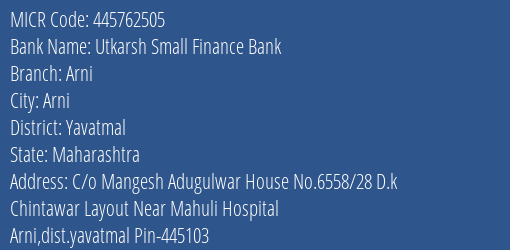 Utkarsh Small Finance Bank Arni MICR Code