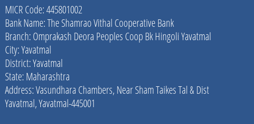 Omprakash Deora Peoples Coop Bank Hingoli Yavatmal MICR Code