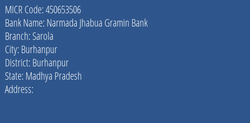Narmada Jhabua Gramin Bank Sarola MICR Code
