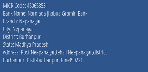 Narmada Jhabua Gramin Bank Nepanagar MICR Code