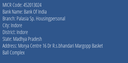 Bank Of India Palasia Sp. Housingpersonal Branch Address Details and MICR Code 452013024