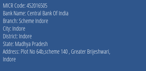 Central Bank Of India Scheme Indore MICR Code