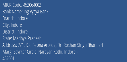 Ing Vysya Bank Indore MICR Code