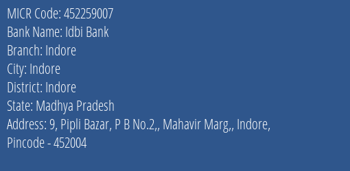 Idbi Bank Indore MICR Code