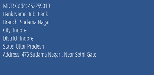 Idbi Bank Sudama Nagar MICR Code
