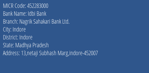Idbi Bank Nagrik Sahakari Bank Ltd. MICR Code