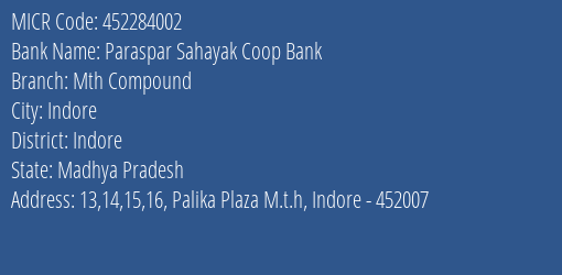 Paraspar Sahayak Coop Bank Mth Compound MICR Code