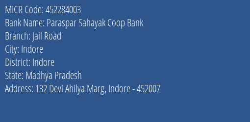 Paraspar Sahayak Coop Bank Jail Road MICR Code