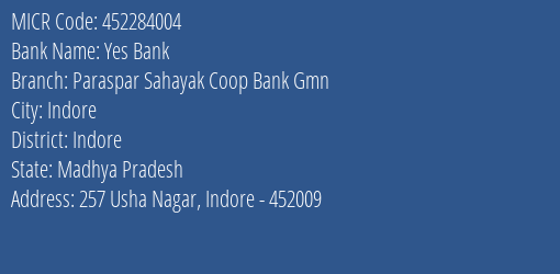 Paraspar Sahayak Coop Bank Usha Nagar MICR Code