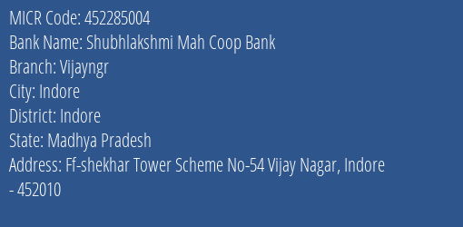 Shubhlakshmi Mah Coop Bank Vijayngr MICR Code