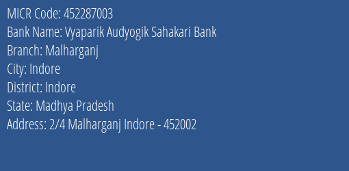 Vyaparik Audyogik Sahakari Bank Malharganj MICR Code