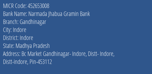 Bank Of India Gandhi Nagar Branch Address Details and MICR Code 452653008