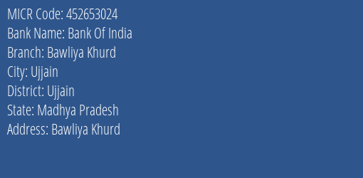Bank Of India Bawliya Khurd Branch Address Details and MICR Code 452653024